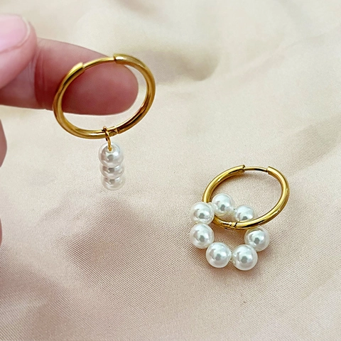Asymmetric Artificial Pearl Hoop Earrings Gold Plated Stainless Steel Geometric Dangle Drop Jewelry For Women