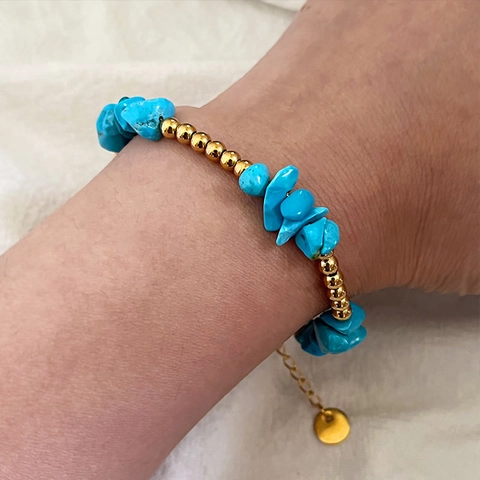 Roestvrijstalen Kralenarmband Met 18K Vergulde Ronde Kralen En Onregelmatige Turkoois Steen Voor Dames Verstelbaar