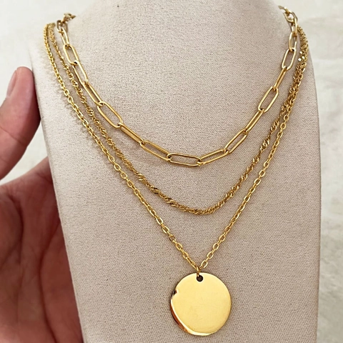 Triple Layered Necklace Gold Plated Stainless Steel Paperclip Rope Chain Round Pendant Stackable Fashion For Women