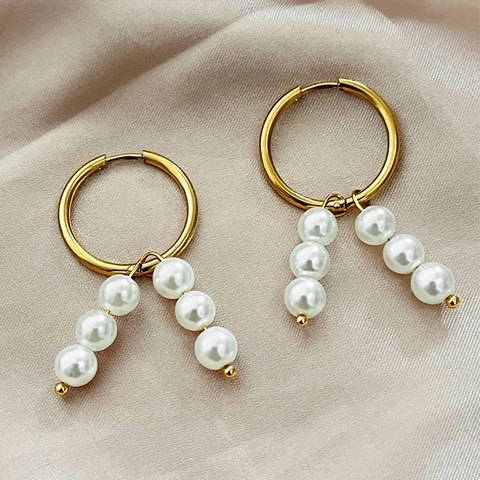 Elegant Hoop Earrings With Detachable Artificial Pearl Drops Stainless Steel Geometric Dangle For Women French Vintage Style