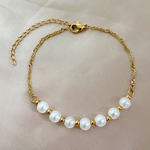 Damen Edelstahl Armband Mit Weißen Künstliche Perlenimitaten Elegante Wasserwellenkette Verstellbarer Schmuck Für Den Alltag
