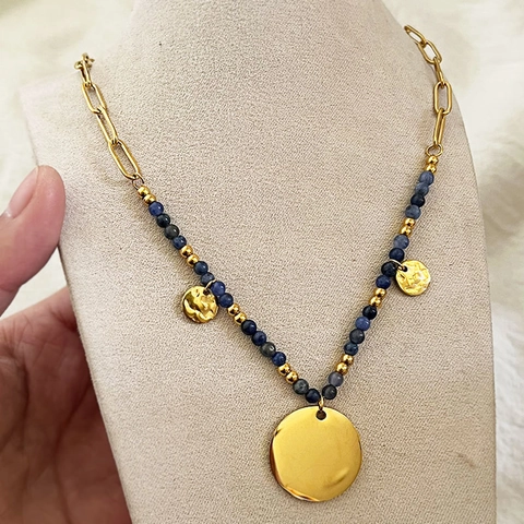 Collana Con Pendente In Acciaio Inossidabile Pietre Naturali Perline Catena A Graffetta Dorata Sodalite Blu Disco Gioiello