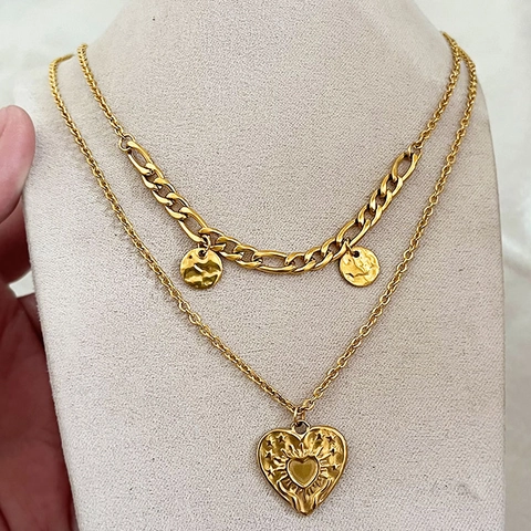 Vintage Heart Pendant Necklace Gold Plated Titanium Steel Double Layered Sunray Disc Charm Jewelry For Women