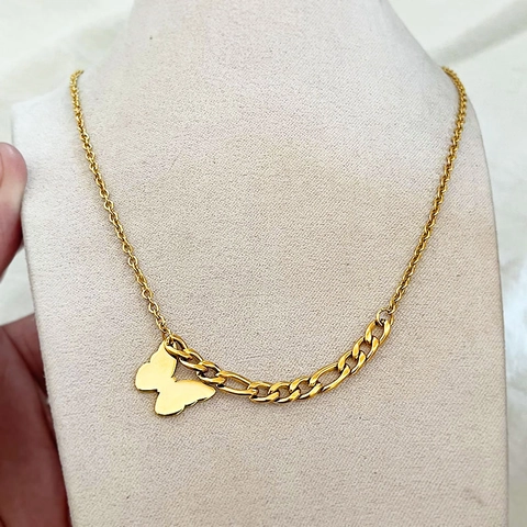 Stainless Steel Butterfly Pendant Necklace Women Gold Plated Asymmetric Spliced Cuban Chain Fashion Jewelry