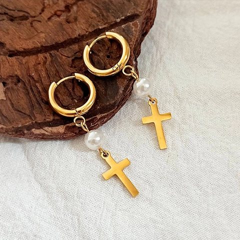 18K Gold Plated Stainless Steel Cross Pendant Hoop Earrings With Faux Artificial Pearl Religious Jewelry For Women