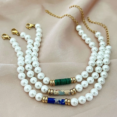 Pulsera De Perlas Artificiales Elegante Con Dije Cilíndrico De Piedra Natural Malaquita Acero Inoxidable Cadena Ajustable Para Mujer