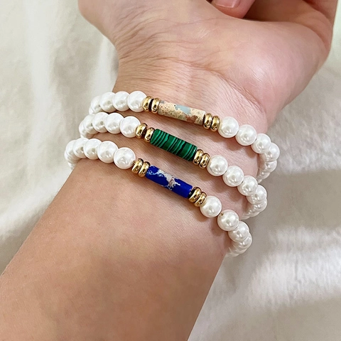Pulsera De Perlas Artificiales Elegante Con Dije Cilíndrico De Piedra Natural Malaquita Acero Inoxidable Cadena Ajustable Para Mujer