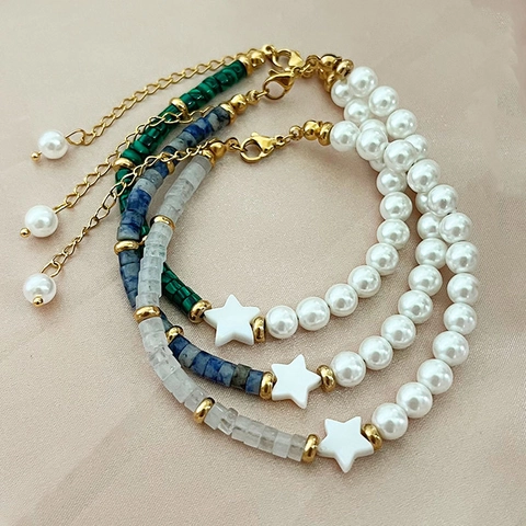 Stainless Steel Beaded Bracelet With Imitation Artificial Pearl Natural Stone Malachite White Star Charm Bohemian Adjustable Jewelry
