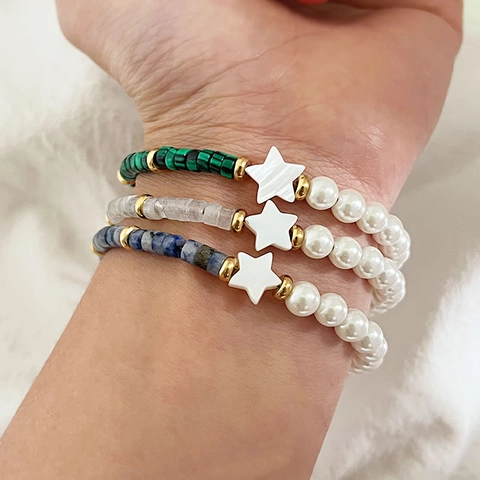 Stainless Steel Beaded Bracelet With Imitation Artificial Pearl Natural Stone Malachite White Star Charm Bohemian Adjustable Jewelry
