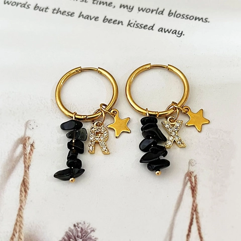 Orecchini A Cerchio In Acciaio Inossidabile Con Pietra Naturale Stella E Pendenti Con Lettere Di Strass Oro 18K Per Donna