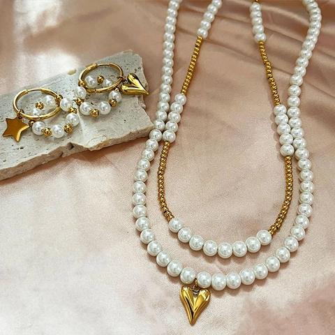Collana Di Künstliche Perle Multistrato Vintage Francese Con Ciondolo A Cuore Acciaio Inossidabile Perla Artificial Imitazione Gioielli Eleganti