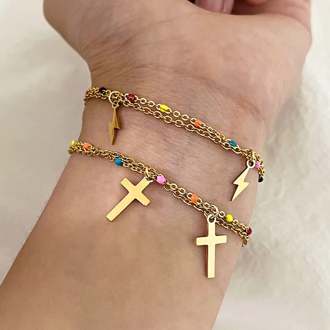 Pulsera De Acero De Titanio De Doble Capa Con Cuentas Coloridas Colgantes De Cruz Y Rayo Joyería De Moda Para Mujer