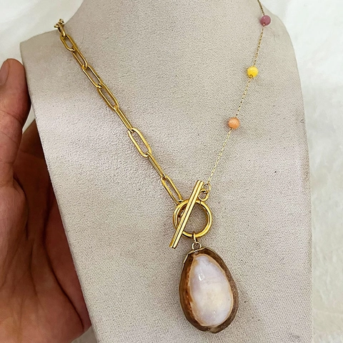 Asymmetrical Paperclip Chain Necklace With Shell Cat Eye Stone Water Drop Pendant OT Toggle Clasp Bohemian For Women