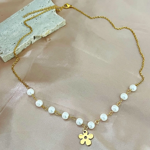 Collana Con Ciondolo A Fiore In Acciaio Inossidabile Per Donna Placcato Oro Imitazione Perla Artificial Bianca Gioielli Stile Vintage