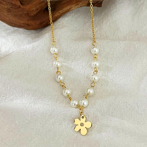 Collana Con Ciondolo A Fiore In Acciaio Inossidabile Per Donna Placcato Oro Imitazione Perla Artificial Bianca Gioielli Stile Vintage