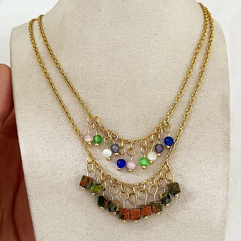 New Chinese Style Necklace Titanium Steel With Cat Eye Stone And Natural Stone Square Cube Tassel Adjustable For Women