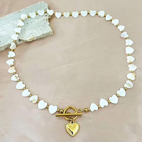 French Style Heart Shell Beaded Necklace Stainless Steel Gold Plated With Heart Pendant OT Toggle Clasp For Women