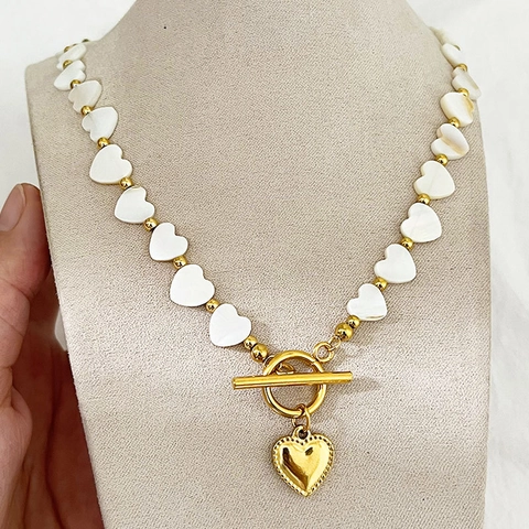 French Style Heart Shell Beaded Necklace Stainless Steel Gold Plated With Heart Pendant OT Toggle Clasp For Women
