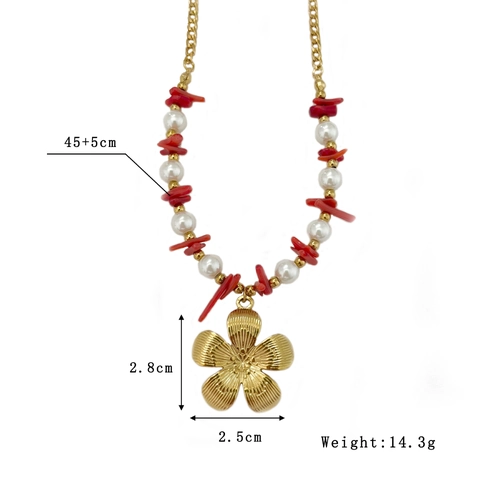 Bloemen Hanger Ketting Met Roestvrijstalen Kunstparels En Rood Grind Handgemaakt Vintage Bohemia Sieraden Voor Dames