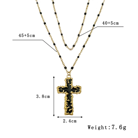 Collar De Doble Capa Con Cruz Gótico Vintage Acero Inoxidable Chapado En Oro 18K Cadena Cuentas Esmalte Negro Mujer