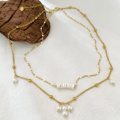 Double Layer Stainless Steel Necklace With Mother Of Artificial Pearl And Shell Beads Vintage Elegant Jewelry For Women