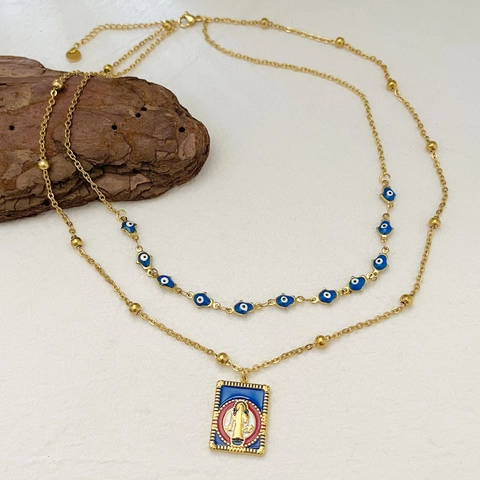 Double Layer Necklace Stainless Steel Enamel Evil Eye Religious Portrait Square Pendant Retro Bohemian Ethnic Women Jewelry