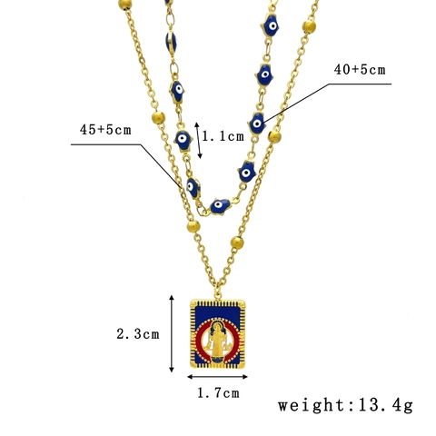 Double Layer Necklace Stainless Steel Enamel Evil Eye Religious Portrait Square Pendant Retro Bohemian Ethnic Women Jewelry