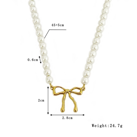 Artificial Pearl Necklace With Bowknot Pendant Titanium Steel Handmade Beaded 18K Gold Plated Elegant Jewelry For Women