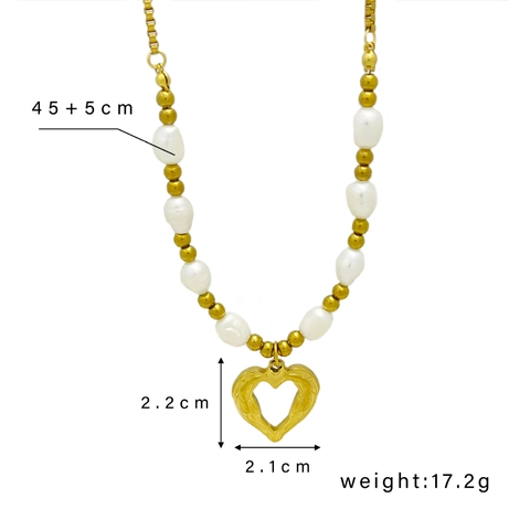 Heart Pendant Necklace Stainless Steel Irregular Artificial Pearl Gold Plated Hollow Heart Jewelry Vintage Style Women