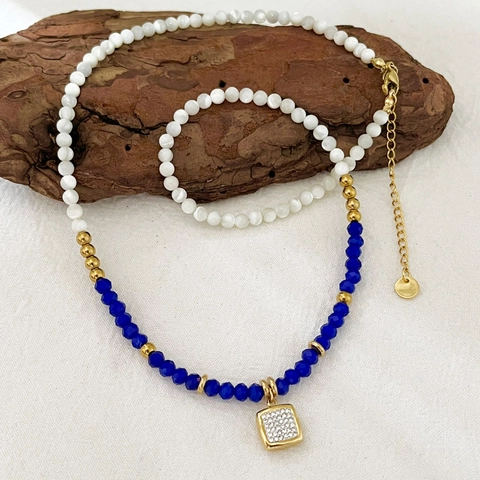 Square Pendant Stainless Steel Handmade Beaded Rhinestone Blue Crystal Artificial Pearl Necklace For Women