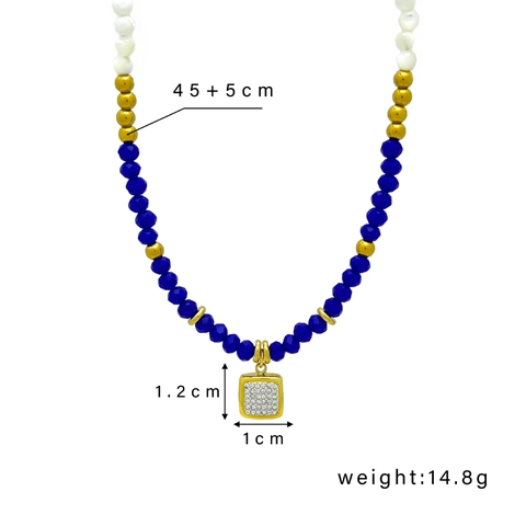 Square Pendant Stainless Steel Handmade Beaded Rhinestone Blue Crystal Artificial Pearl Necklace For Women