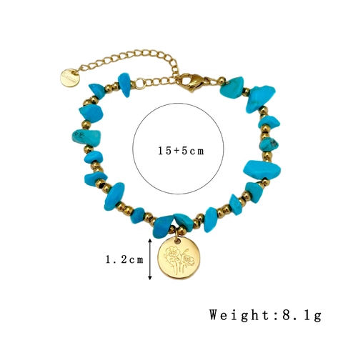 Bracciale Boho In Ghiaia Di Turchese Acciaio Inossidabile Ciondolo Rotondo Inciso Con Fiori Gioielli Vintage Per Donna Regolabile