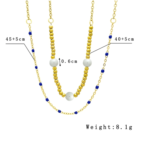 Double Layered Necklace Stainless Steel Gold Plated With Artificial Pearls And Blue Enamel Beads Elegant Minimalist Jewelry For Women
