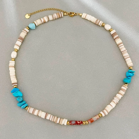 Bohemian Beaded Necklace For Women With Hematite Shell Turquoise Agate And Stainless Steel Irregular Stones Jewelry