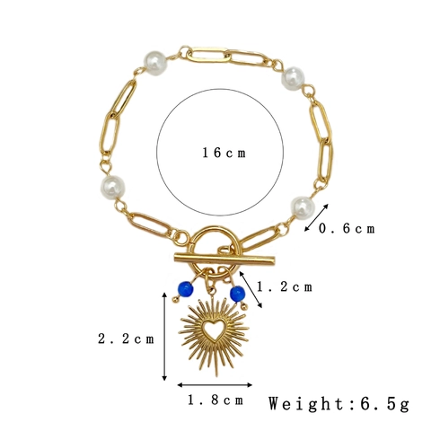 Hollow Heart Sunburst Pendant Bracelet 18K Gold Plated Stainless Steel Artificial Pearl Cat Eye Stone Toggle Clasp For Women