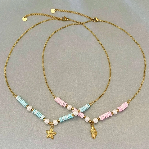 Collana Pendente Stella Marina E Conchiglia Acciaio Inossidabile Placcato Oro 18K Perla Artificiale Conchiglia Perline