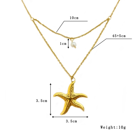 Collar Con Colgante De Estrella De Mar Doble Capa De Acero Inoxidable Con Perla Artificial Blanca Estilo Playa Para Mujeres