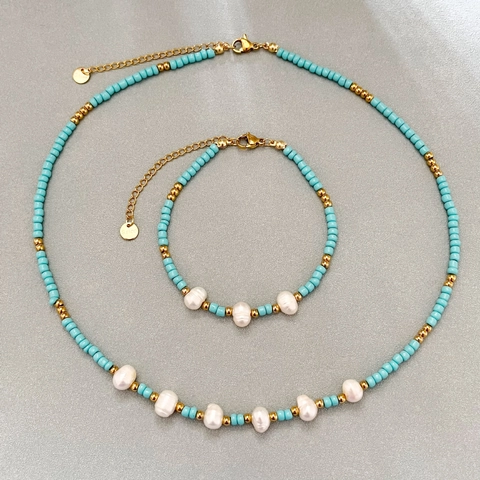 Handmade Beaded Necklace Bracelet Light Blue Seed Beads Irregular Freshwater Pearl Stainless Steel Gold Plated For Women
