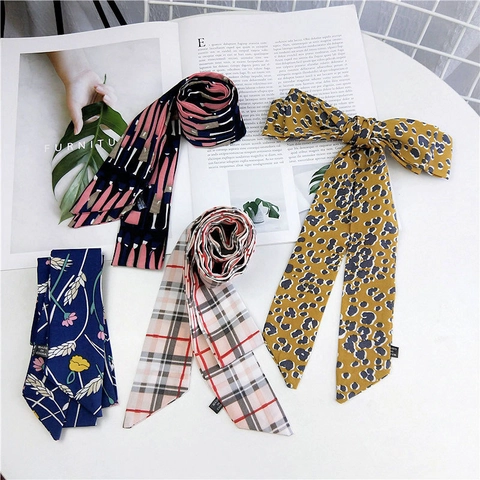 Sciarpa Stretta Skinny Satin Nastro Lungo Per Decorazione Borse Capelli Stampa Leopardata Floreale Foulard Moda Donna