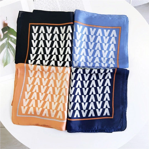 Women Geometric Letter Print Square Scarf Imitation Satin Satin Versatile Neck Head Bag Decoration Elegant Fashion Accessory