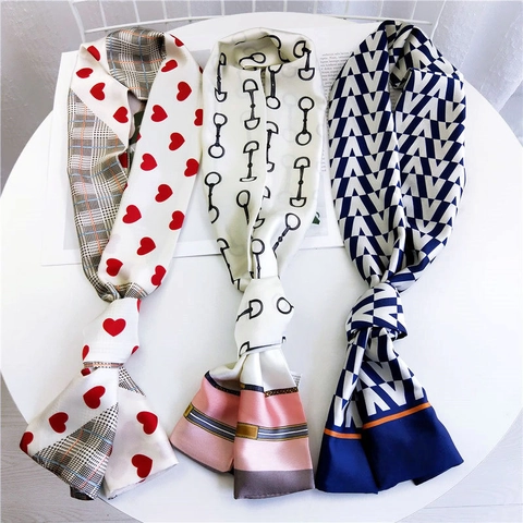 Sciarpa Di Raso Lunga E Sottile Da Donna Cravatta Cuore Plaid Catena Stampa Geometrica Nastro Di Moda Per Borsa Fascia