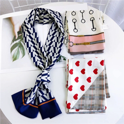 Sciarpa Di Raso Lunga E Sottile Da Donna Cravatta Cuore Plaid Catena Stampa Geometrica Nastro Di Moda Per Borsa Fascia