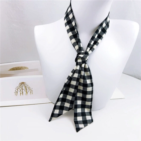 Women Vintage Checkered Polka Dot Skinny Scarf Silk Like Satin Neck Scarf Hair Tie Bag Ribbon Decorative Small Necktie Scarf