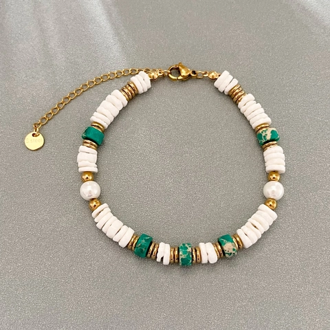 Bohemian Shell And Natural Stone Beaded Bracelet With Artificial Pearls Gold Plated Stainless Steel Summer Jewelry For Women