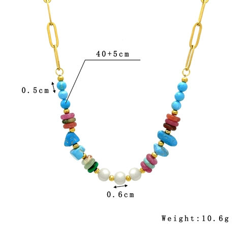 Bohemian Stainless Steel Necklace With Natural Stone Crushed Turquoise And Artificial Pearl Beads Retro Jewelry For Women