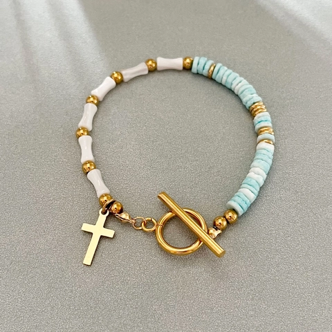 Retro Cross Pendant Beaded Bracelet Women Natural Shell Bamboo Bone Shape Stainless Steel Toggle Clasp Bohemian Vintage