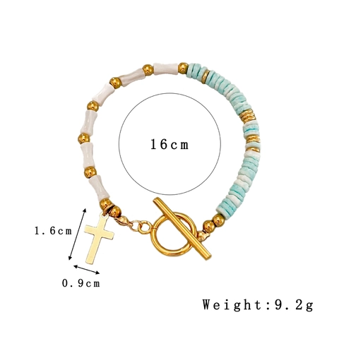 Retro Cross Pendant Beaded Bracelet Women Natural Shell Bamboo Bone Shape Stainless Steel Toggle Clasp Bohemian Vintage