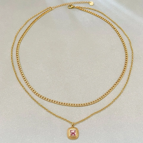 Double Layer Necklace Stainless Steel Gold Plated With Pink Square Zircon Pendant Clavicle Chain For Women