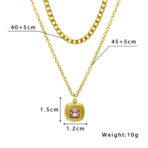 Double Layer Necklace Stainless Steel Gold Plated With Pink Square Zircon Pendant Clavicle Chain For Women