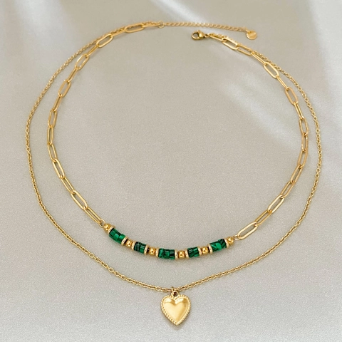 Double Layered Necklace Titanium Steel Turquoise Beads Heart Pendant Gold Plated Vintage Luxury Jewelry For Women